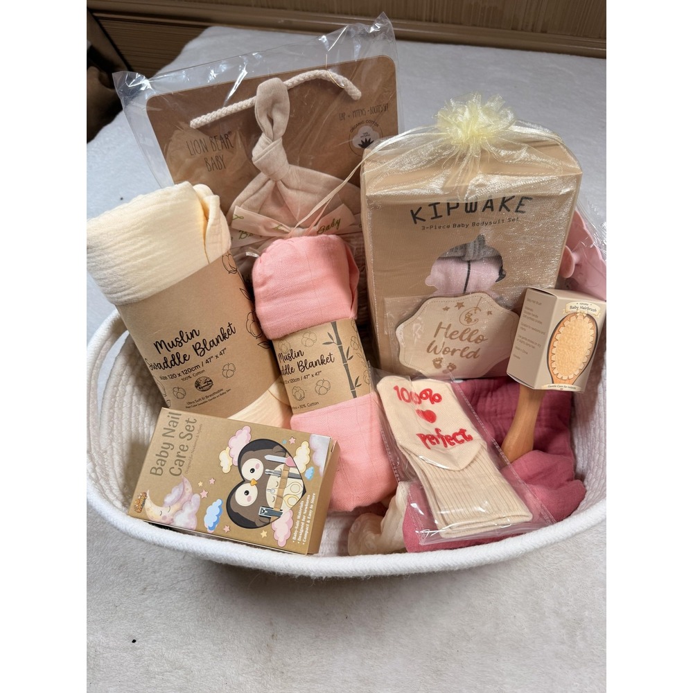 KIPWAKE Baby Girl Gift Basket Pink Newborn Essentials Set 3 Bodysuits Swaddles